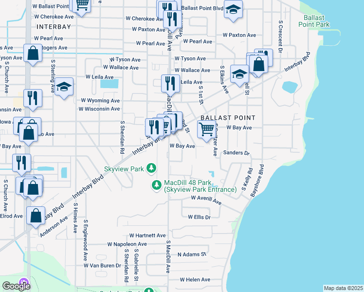 map of restaurants, bars, coffee shops, grocery stores, and more near 3000 West Bay Avenue in Tampa