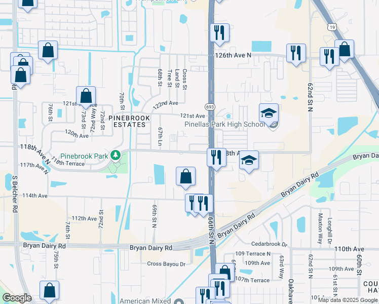 map of restaurants, bars, coffee shops, grocery stores, and more near 67th Street in Largo