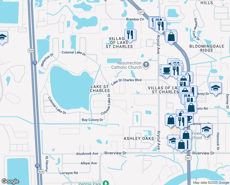 map of restaurants, bars, coffee shops, grocery stores, and more near 7017 Jamestown Manor Drive in Riverview