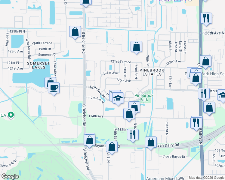 map of restaurants, bars, coffee shops, grocery stores, and more near 7401 118th Drive in Largo