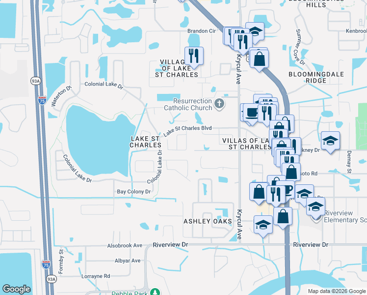 map of restaurants, bars, coffee shops, grocery stores, and more near 6922 Jamestown Manor Drive in Riverview