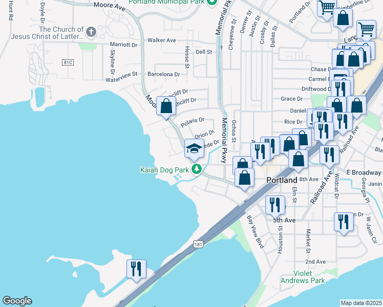 map of restaurants, bars, coffee shops, grocery stores, and more near 101 Cox Drive in Portland