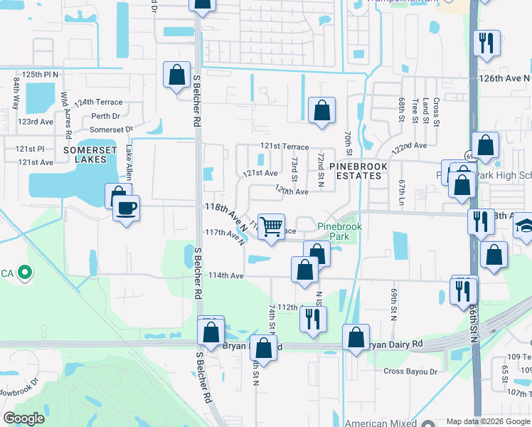 map of restaurants, bars, coffee shops, grocery stores, and more near 7401 118th Drive in Largo