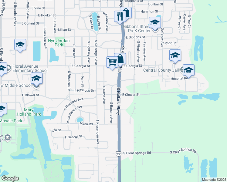 map of restaurants, bars, coffee shops, grocery stores, and more near 1630 Banana Avenue in Bartow
