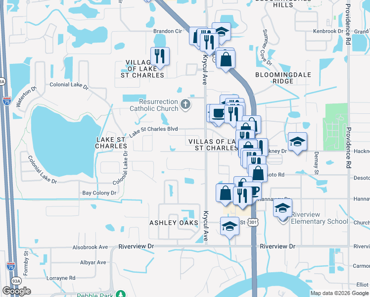 map of restaurants, bars, coffee shops, grocery stores, and more near 6913 Potomac Circle in Riverview