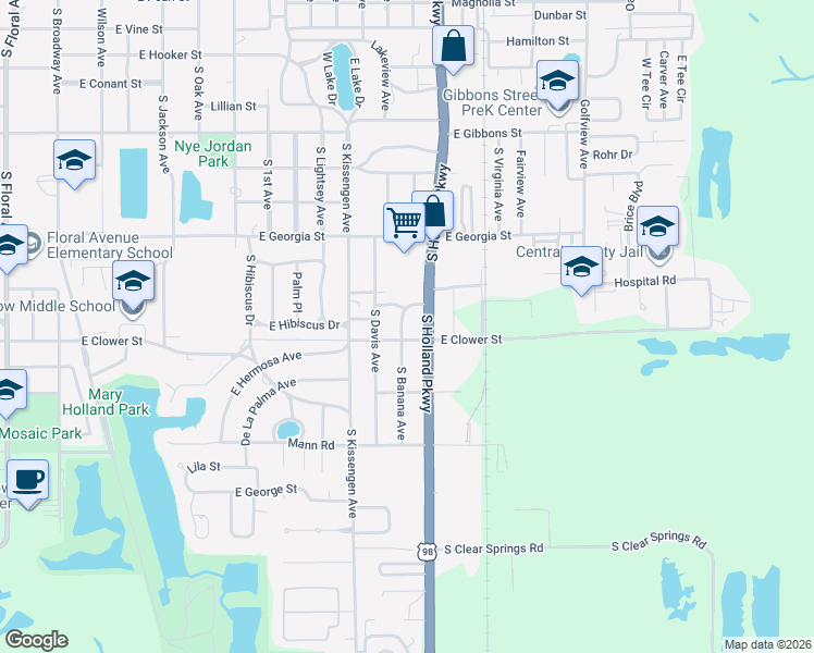 map of restaurants, bars, coffee shops, grocery stores, and more near 1630 Banana Avenue in Bartow
