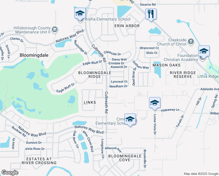 map of restaurants, bars, coffee shops, grocery stores, and more near 2303 Needham Drive in Valrico