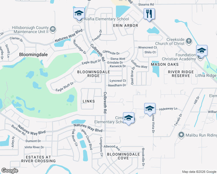 map of restaurants, bars, coffee shops, grocery stores, and more near 2307 Needham Drive in Valrico