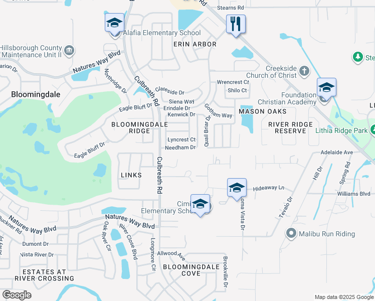 map of restaurants, bars, coffee shops, grocery stores, and more near 2323 Needham Drive in Valrico
