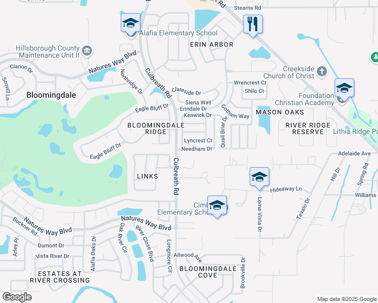 map of restaurants, bars, coffee shops, grocery stores, and more near 2309 Needham Drive in Valrico