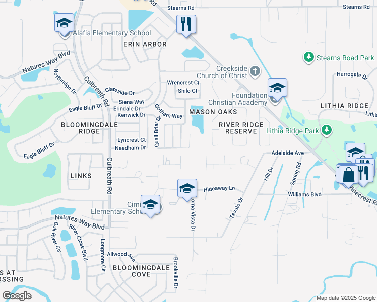 map of restaurants, bars, coffee shops, grocery stores, and more near 4125 Quail Briar Drive in Valrico