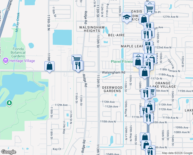 map of restaurants, bars, coffee shops, grocery stores, and more near 11321 117th Avenue in Largo