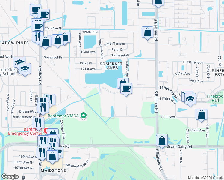 map of restaurants, bars, coffee shops, grocery stores, and more near 8249 118th Avenue North in Largo