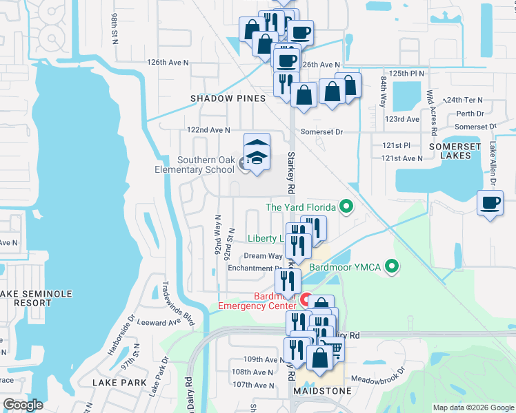 map of restaurants, bars, coffee shops, grocery stores, and more near 11726 90th Street in Largo