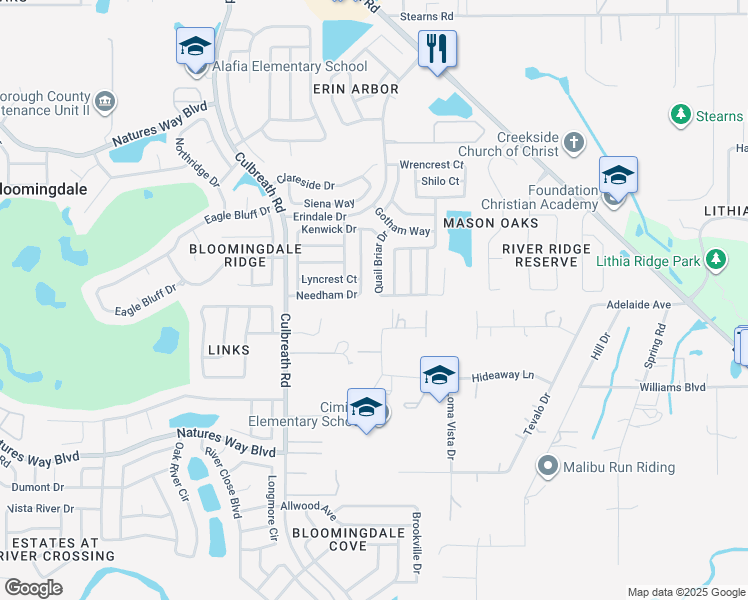 map of restaurants, bars, coffee shops, grocery stores, and more near 2638 Hideaway Lane in Valrico
