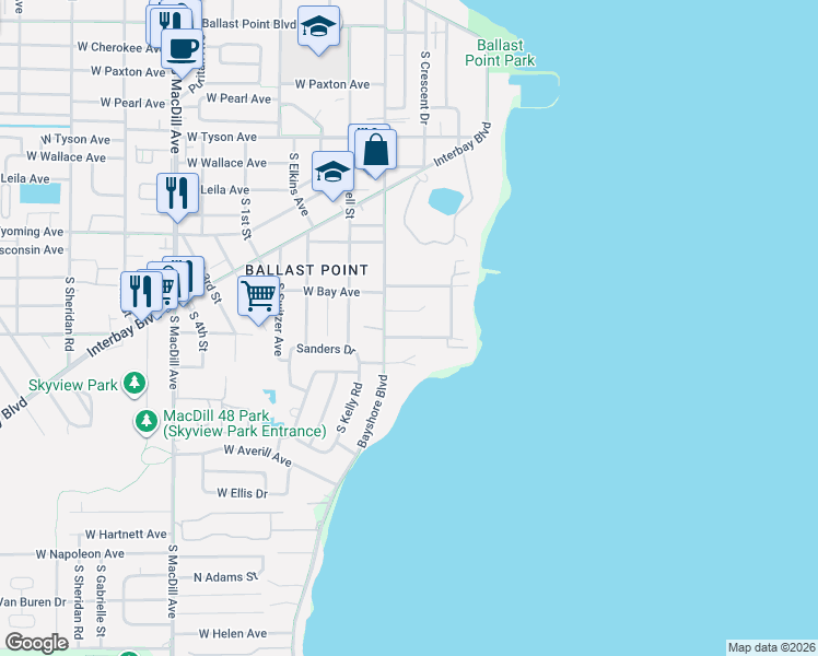 map of restaurants, bars, coffee shops, grocery stores, and more near 2517 West Shell Point Road in Tampa