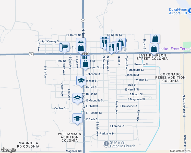 map of restaurants, bars, coffee shops, grocery stores, and more near 413 South Main Avenue in Freer