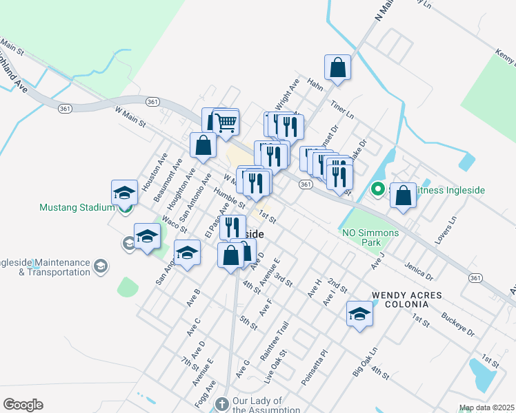 map of restaurants, bars, coffee shops, grocery stores, and more near 2571 1st Street in Ingleside