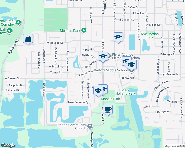 map of restaurants, bars, coffee shops, grocery stores, and more near 1685 Margaret Avenue in Bartow