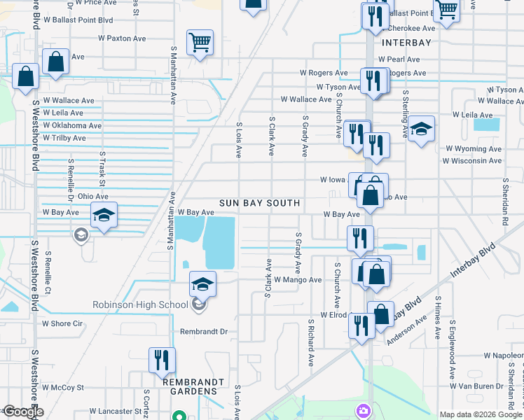 map of restaurants, bars, coffee shops, grocery stores, and more near 4108 West Bay Avenue in Tampa