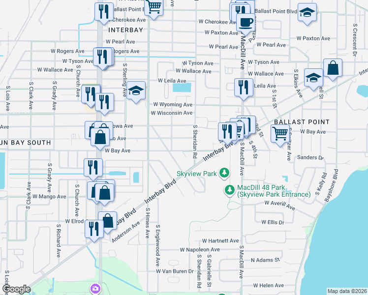 map of restaurants, bars, coffee shops, grocery stores, and more near 3411 West Bay Avenue in Tampa