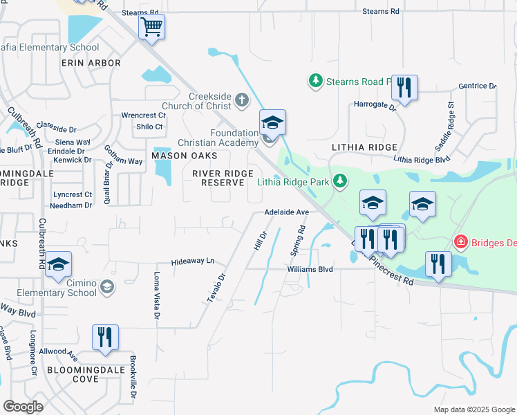 map of restaurants, bars, coffee shops, grocery stores, and more near 4202 Adelaide Avenue in Valrico