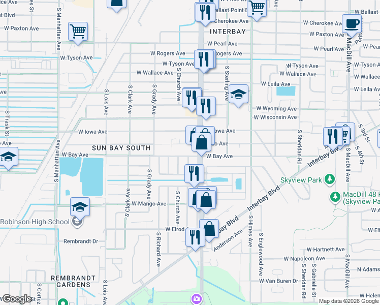 map of restaurants, bars, coffee shops, grocery stores, and more near 301 Treasure Circle in Tampa