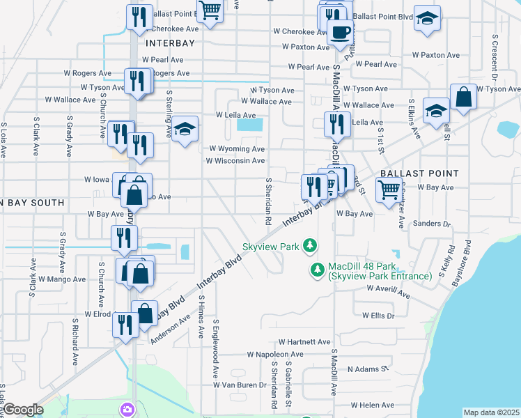 map of restaurants, bars, coffee shops, grocery stores, and more near 3404 West Bay Avenue in Tampa