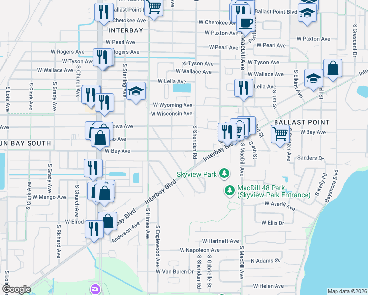 map of restaurants, bars, coffee shops, grocery stores, and more near 3404 West Bay Avenue in Tampa