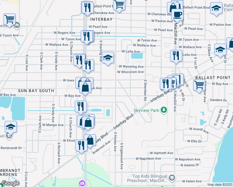 map of restaurants, bars, coffee shops, grocery stores, and more near 3506 West Bay Avenue in Tampa