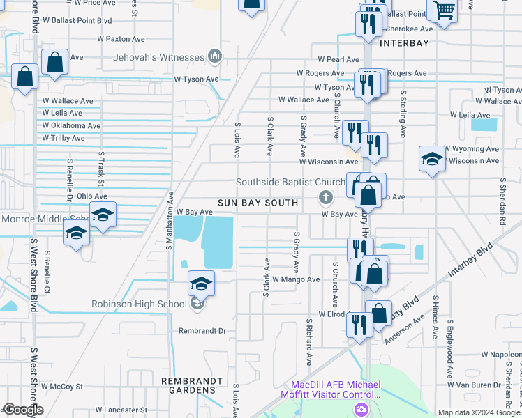 map of restaurants, bars, coffee shops, grocery stores, and more near 4108 West Bay Avenue in Tampa
