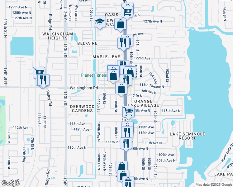 map of restaurants, bars, coffee shops, grocery stores, and more near 11623 108th Street in Largo