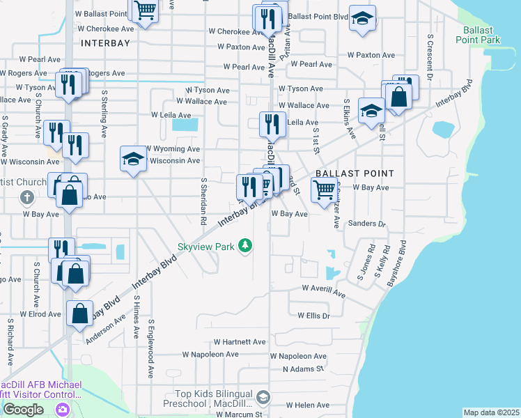 map of restaurants, bars, coffee shops, grocery stores, and more near 6110 Interbay Boulevard in Tampa