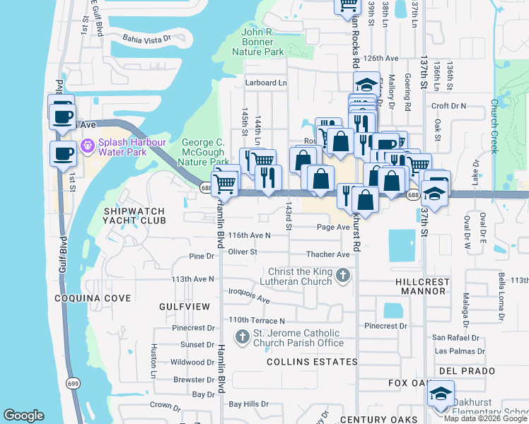map of restaurants, bars, coffee shops, grocery stores, and more near 11722 Currie Lane in Largo