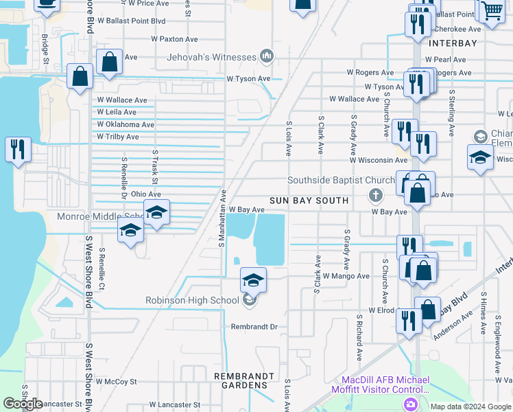 map of restaurants, bars, coffee shops, grocery stores, and more near 4303 West Bay Avenue in Tampa