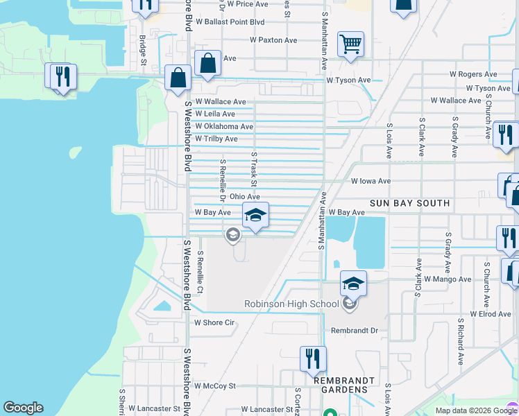 map of restaurants, bars, coffee shops, grocery stores, and more near 4436 West Bay Avenue in Tampa