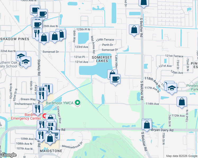 map of restaurants, bars, coffee shops, grocery stores, and more near 8269 118th Avenue North in Largo