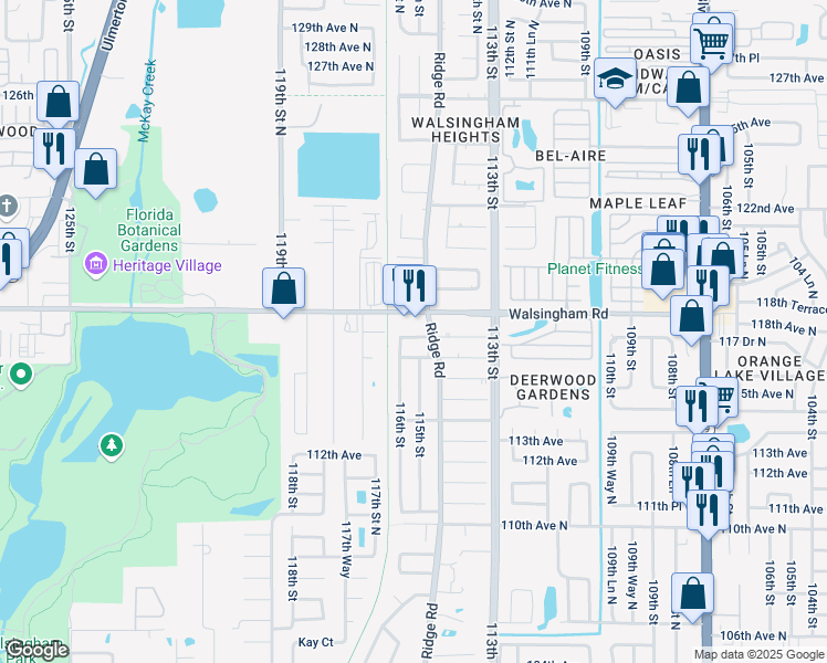map of restaurants, bars, coffee shops, grocery stores, and more near 11538 117th Avenue in Largo