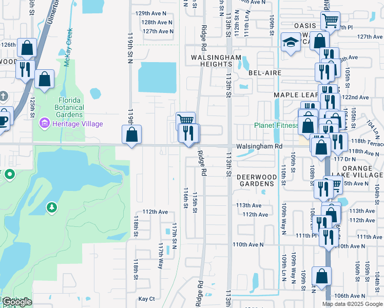 map of restaurants, bars, coffee shops, grocery stores, and more near 11538 117th Avenue in Largo