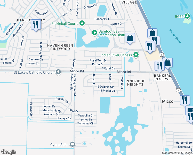 map of restaurants, bars, coffee shops, grocery stores, and more near 600 Tarpon Drive in Sebastian
