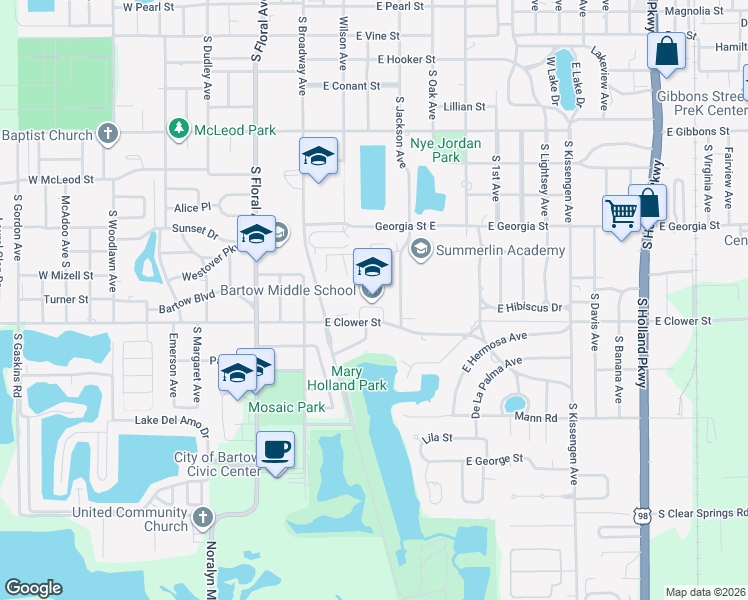 map of restaurants, bars, coffee shops, grocery stores, and more near 550 East Clower Street in Bartow