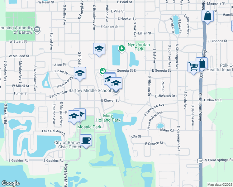 map of restaurants, bars, coffee shops, grocery stores, and more near 550 East Clower Street in Bartow