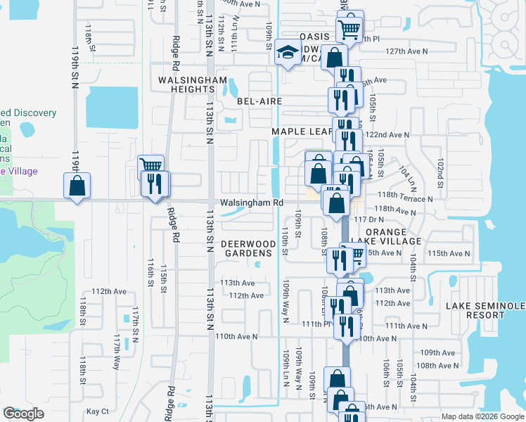 map of restaurants, bars, coffee shops, grocery stores, and more near 11200 Walsingham Road in Largo