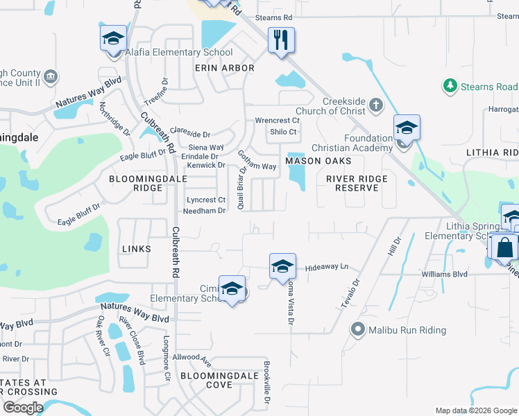 map of restaurants, bars, coffee shops, grocery stores, and more near 4107 Quail Briar Drive in Valrico