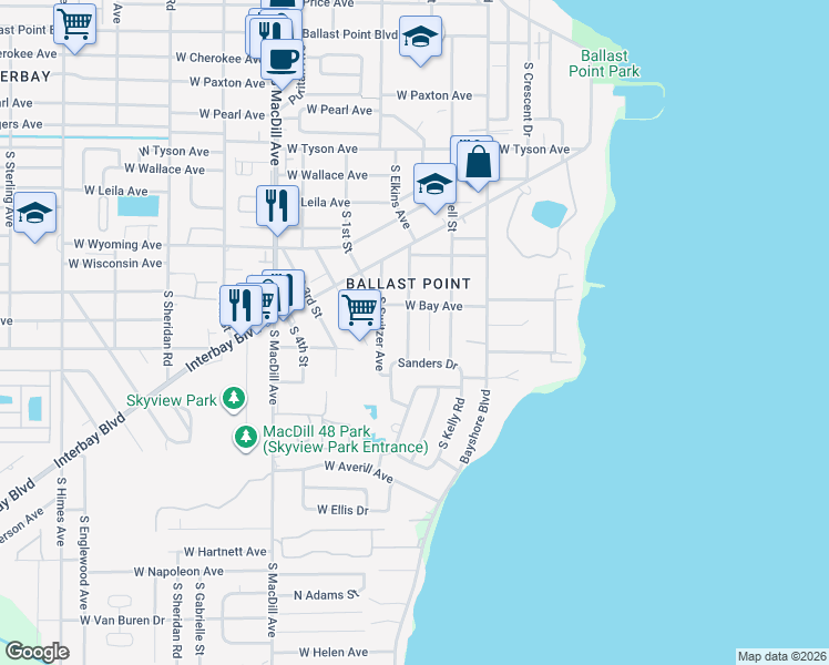 map of restaurants, bars, coffee shops, grocery stores, and more near 2805 Sanders Drive in Tampa