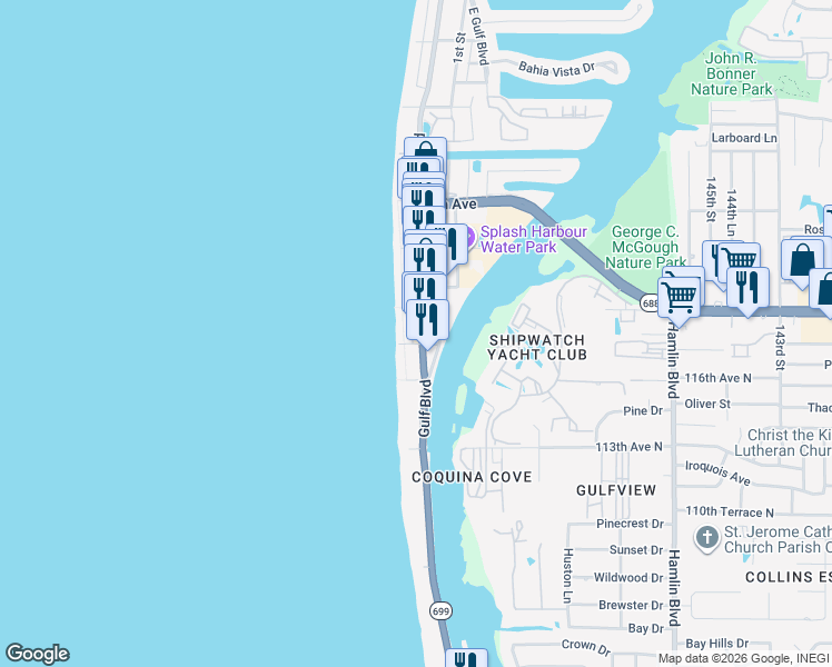 map of restaurants, bars, coffee shops, grocery stores, and more near 110 Gulf Boulevard in Indian Rocks Beach