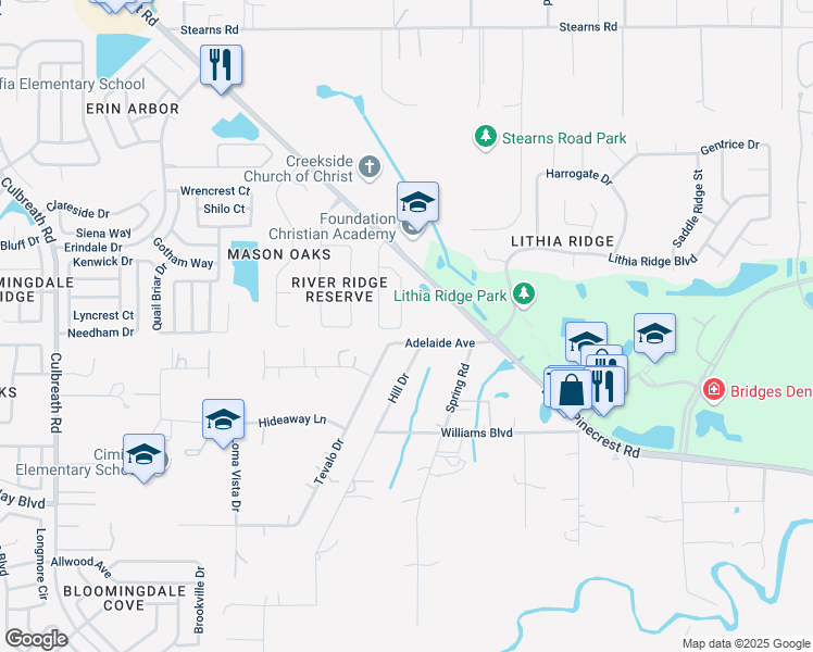 map of restaurants, bars, coffee shops, grocery stores, and more near 2809 Shetland Ridge Drive in Valrico