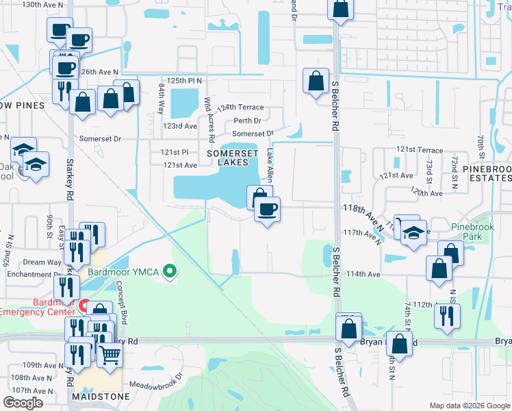 map of restaurants, bars, coffee shops, grocery stores, and more near 8042 118th Avenue North in Largo