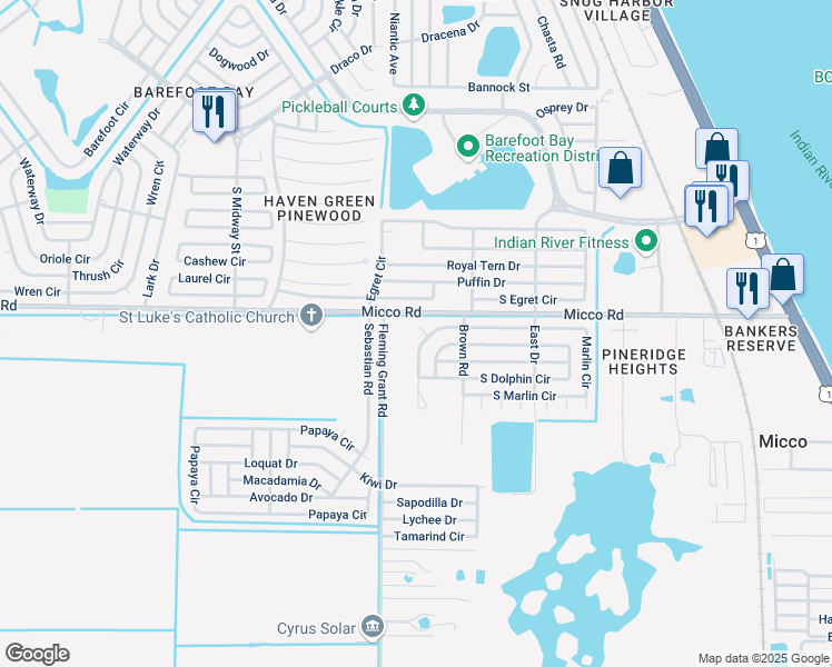 map of restaurants, bars, coffee shops, grocery stores, and more near 629 Marlin Circle in Sebastian