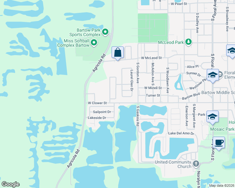 map of restaurants, bars, coffee shops, grocery stores, and more near 1570 Meadows Pond Drive in Bartow